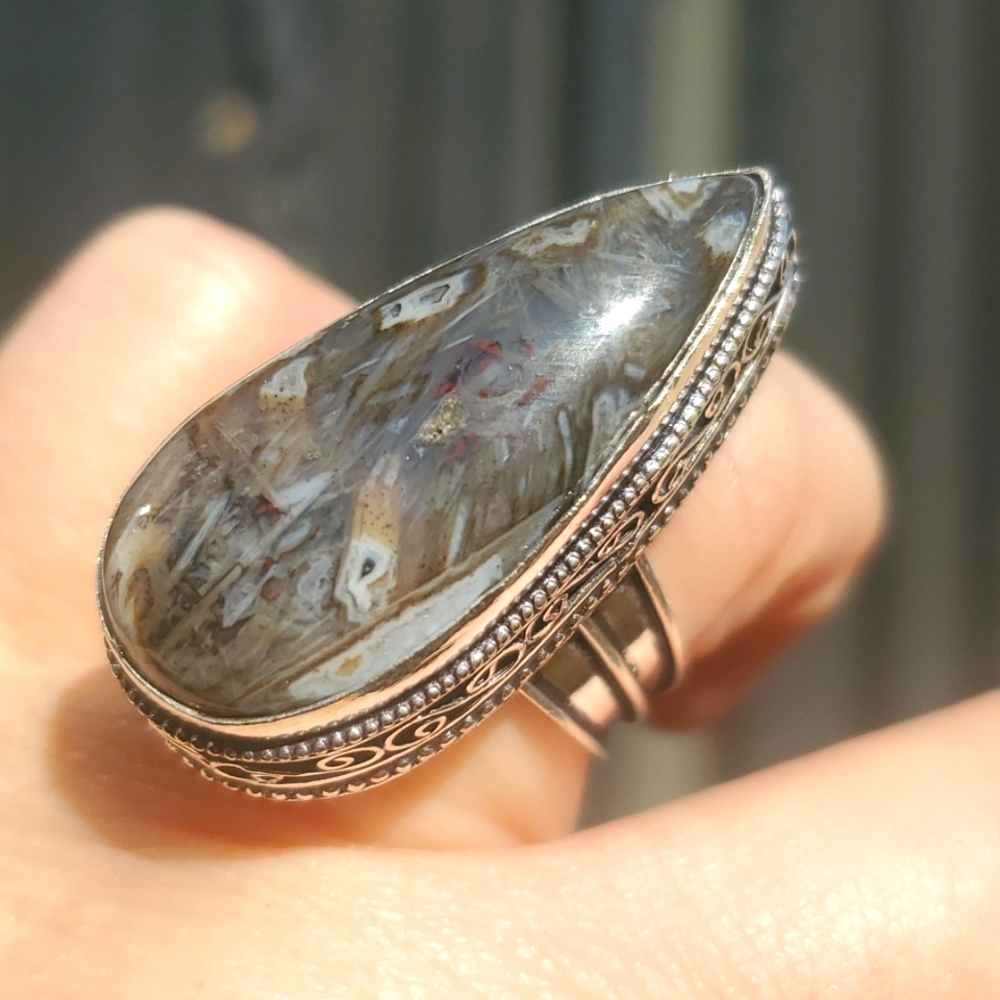 New Stick Agate 925 Silver Statement Ring.